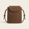 Brown large fringe shoulder bags, front view