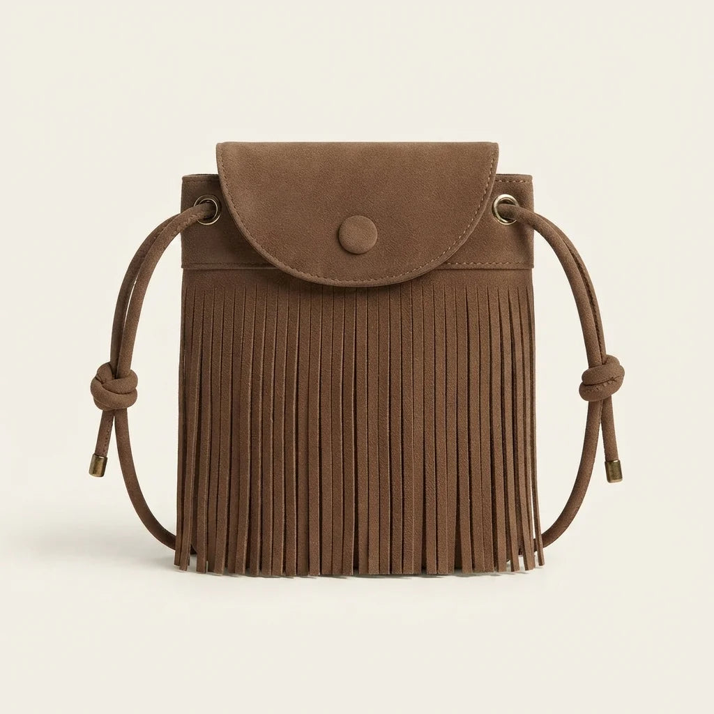 Brown large fringe shoulder bags, front view