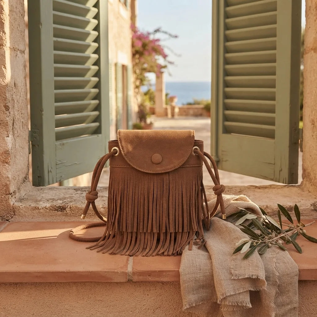 Brown large fringe shoulder bags styled in a warm Mediterranean setting