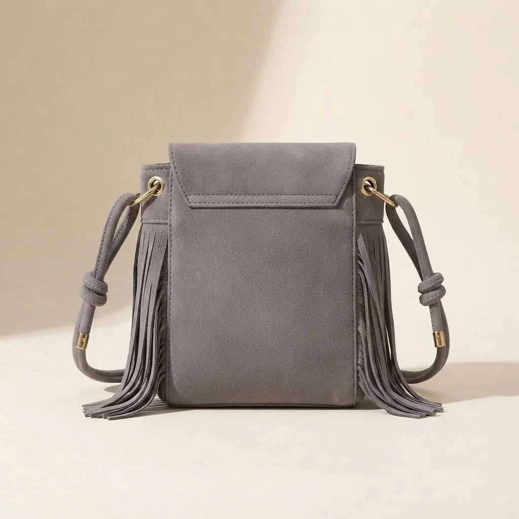 Back panel of Grey large fringe shoulder bags with strap attachments