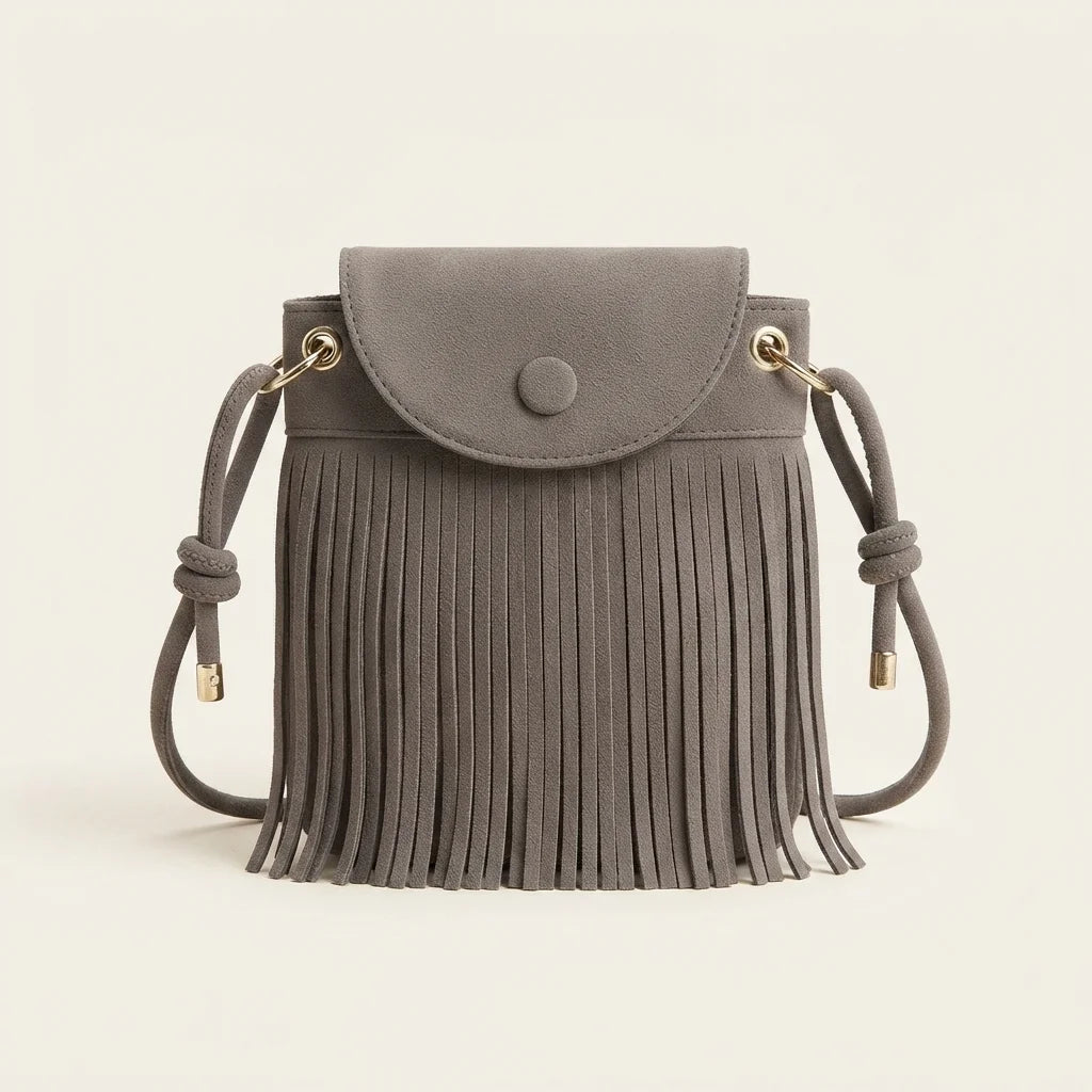 Grey large fringe shoulder bags, front view