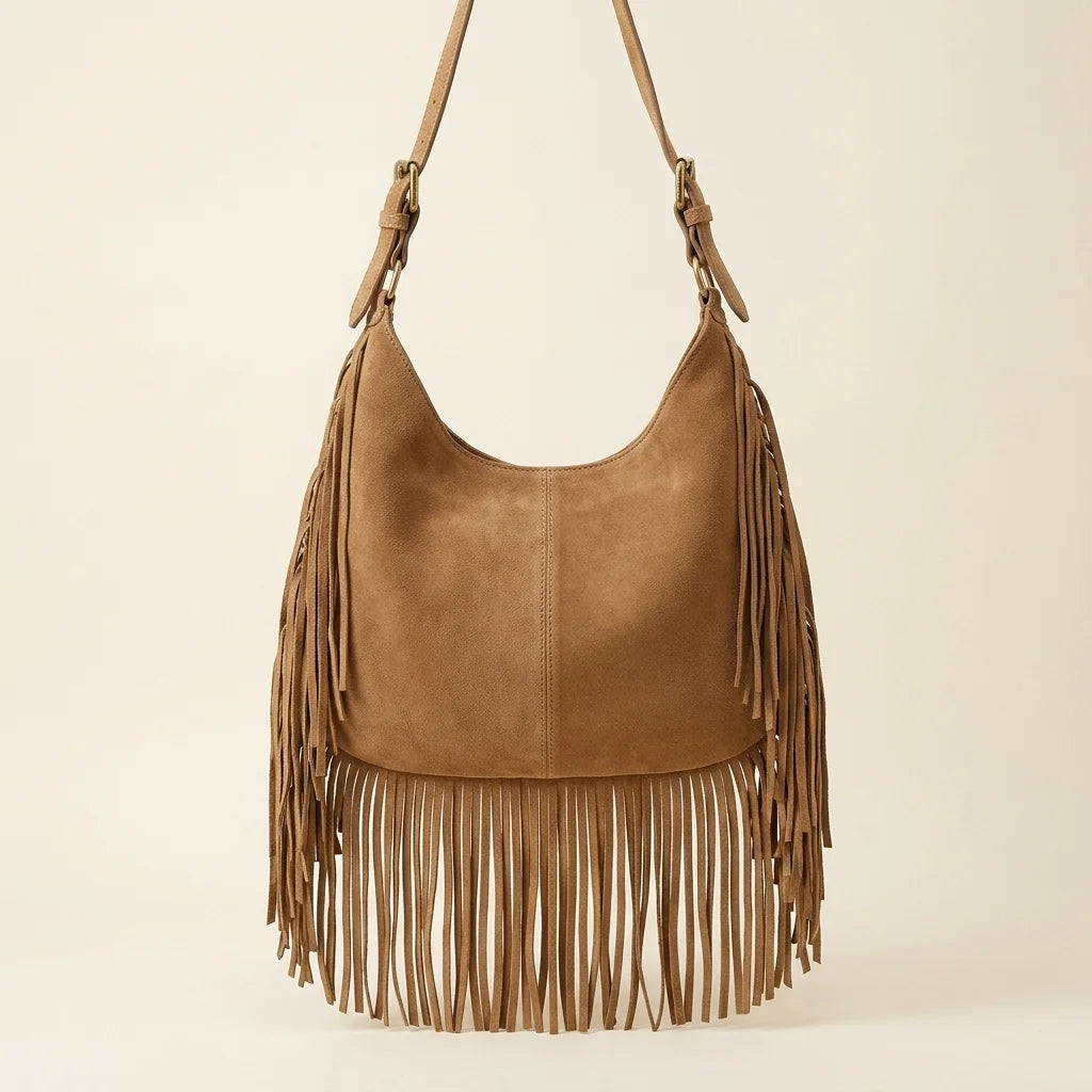 Back panel of Brown large hippie fringe bag with strap attachments