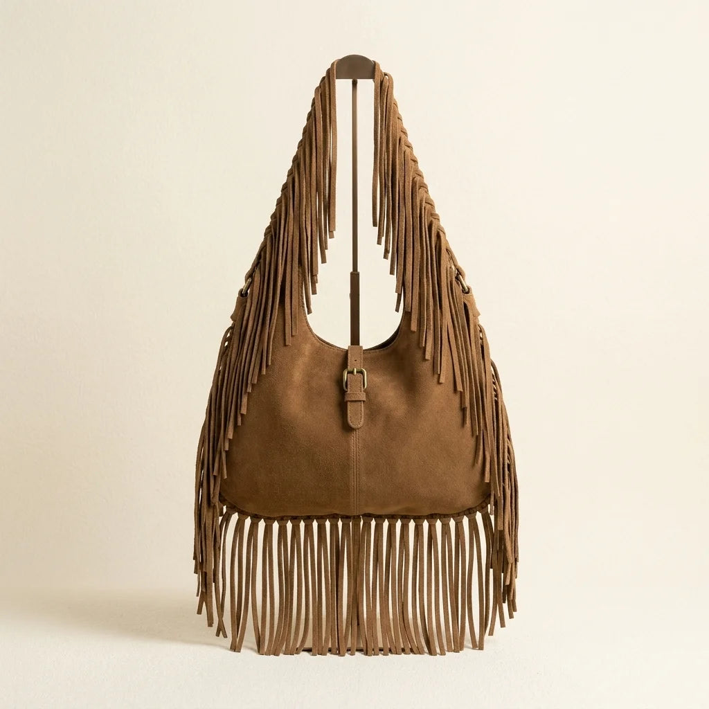 Brown large hippie fringe bag, front view