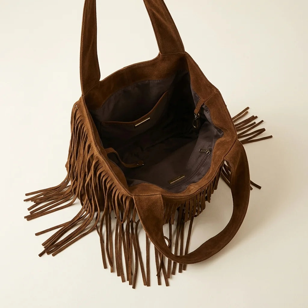 Interior lining and pockets of Brown large hippie fringe bag