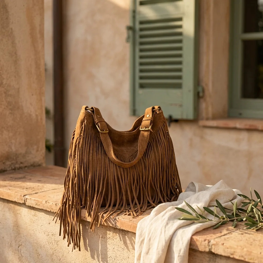 Brown large hippie fringe bag styled in a warm Mediterranean setting