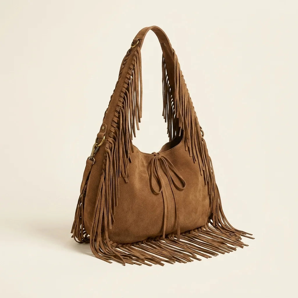 Brown large hippie fringe bag, three-quarter angle showing side depth