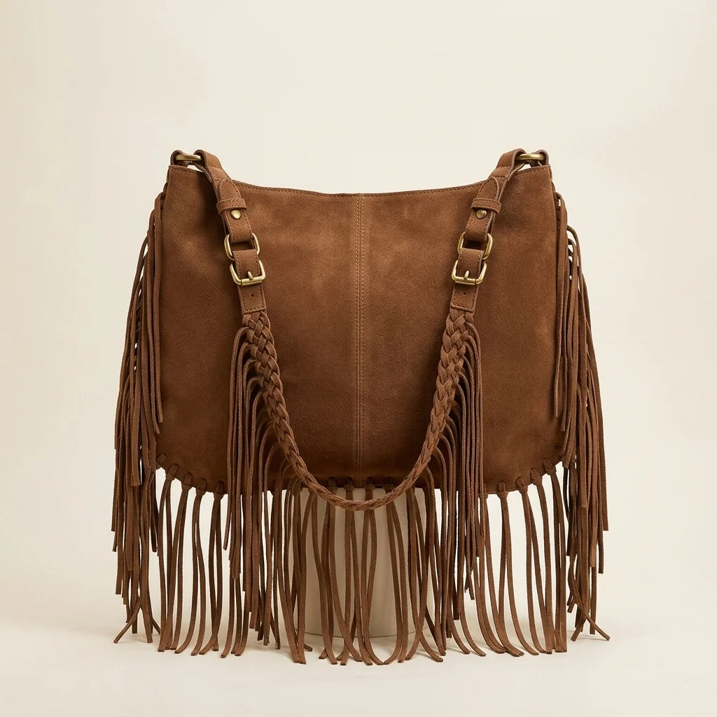 Back panel of Coffee large hippie fringe bag with strap attachments