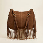 Back panel of Coffee large hippie fringe bag with strap attachments