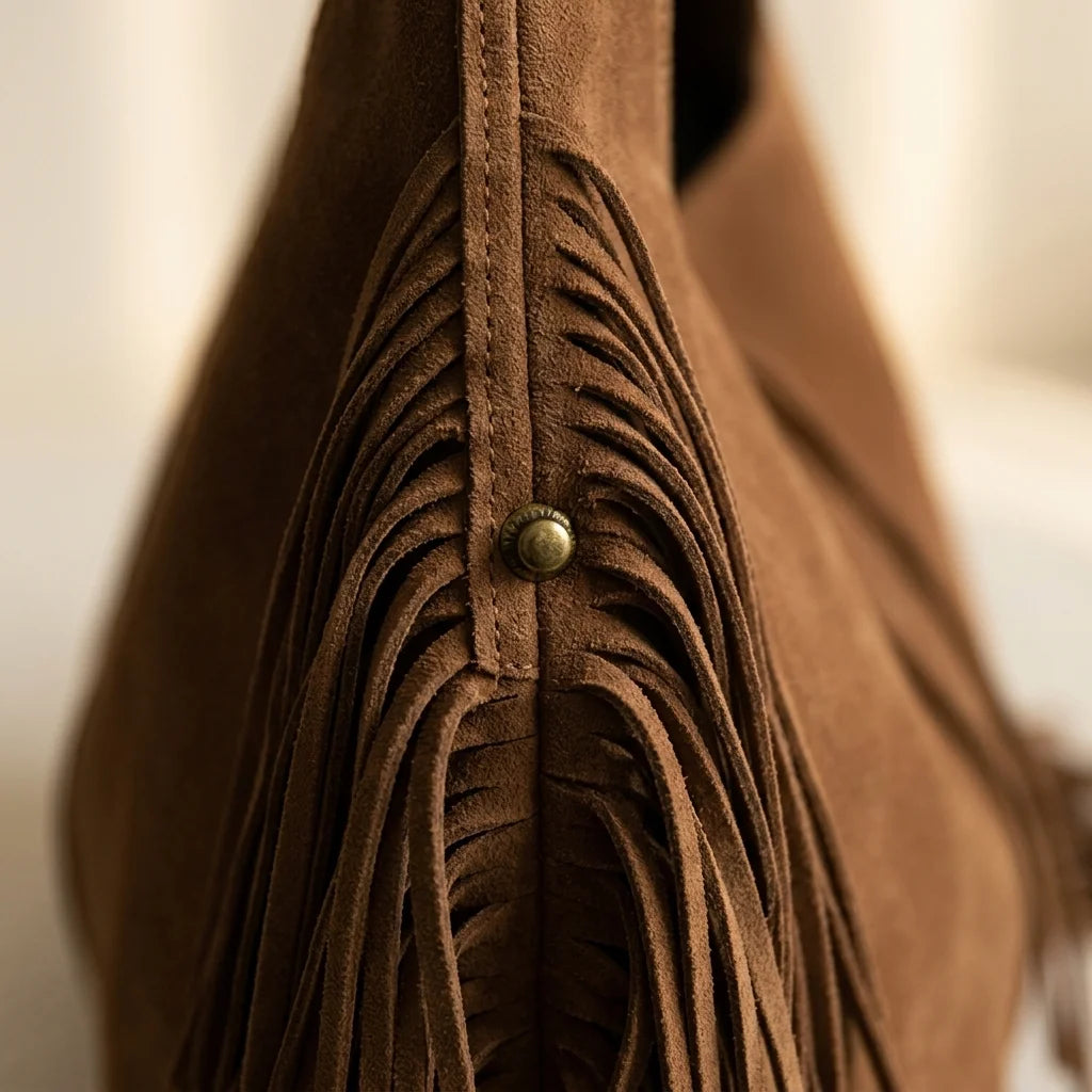 Close-up of fringe stitching and texture on Coffee large hippie fringe bag