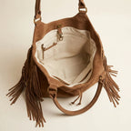 Interior lining and pockets of Coffee large hippie fringe bag