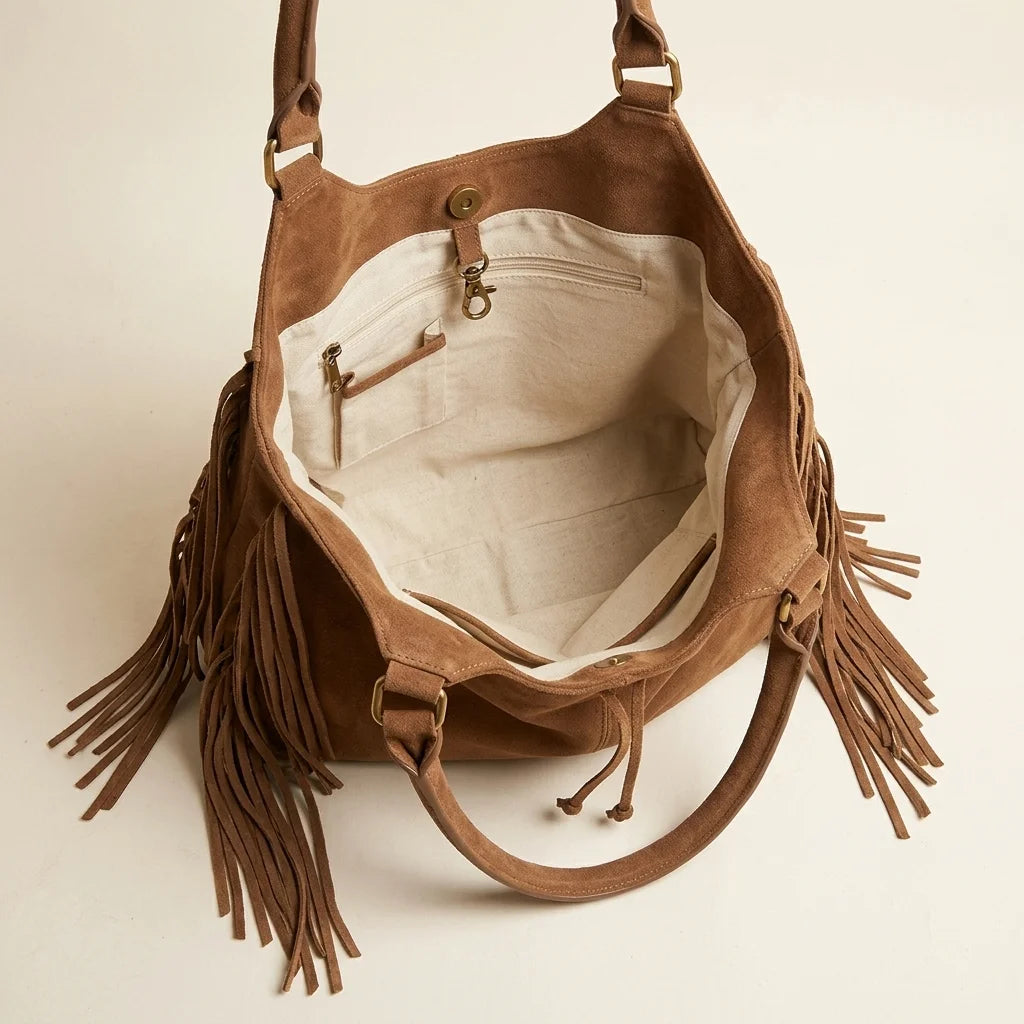 Interior lining and pockets of Coffee large hippie fringe bag