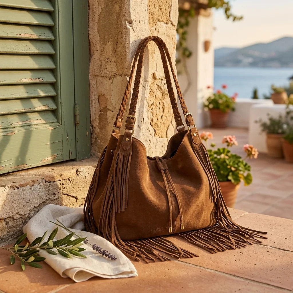 Coffee large hippie fringe bag styled in a warm Mediterranean setting