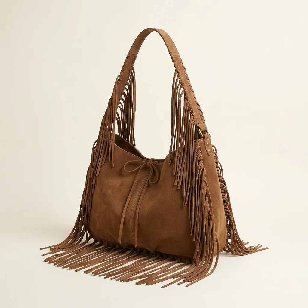 Coffee large hippie fringe bag, three-quarter angle showing side depth