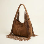 Coffee large hippie fringe bag, three-quarter angle showing side depth