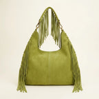 Back panel of Green large hippie fringe bag with strap attachments