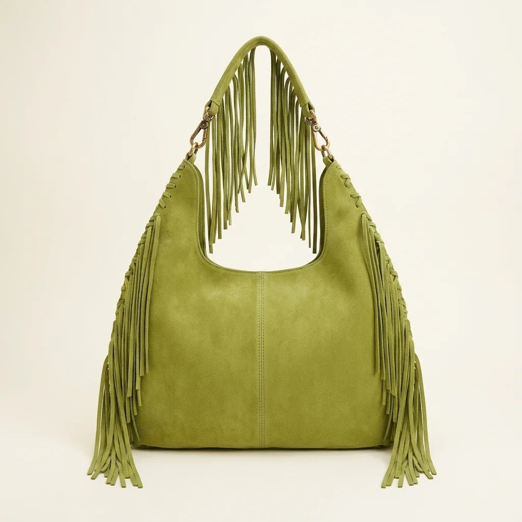 Back panel of Green large hippie fringe bag with strap attachments