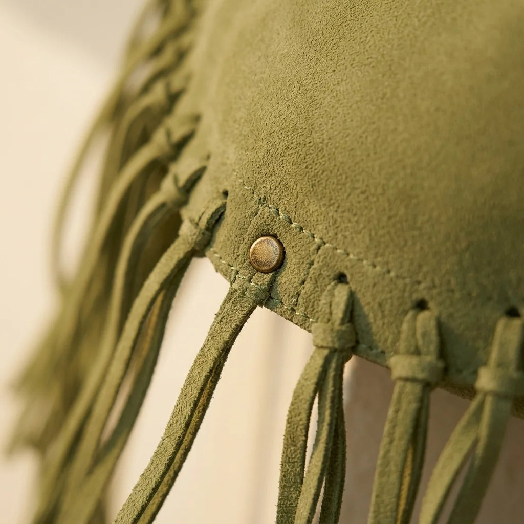 Close-up of fringe stitching and texture on Green large hippie fringe bag