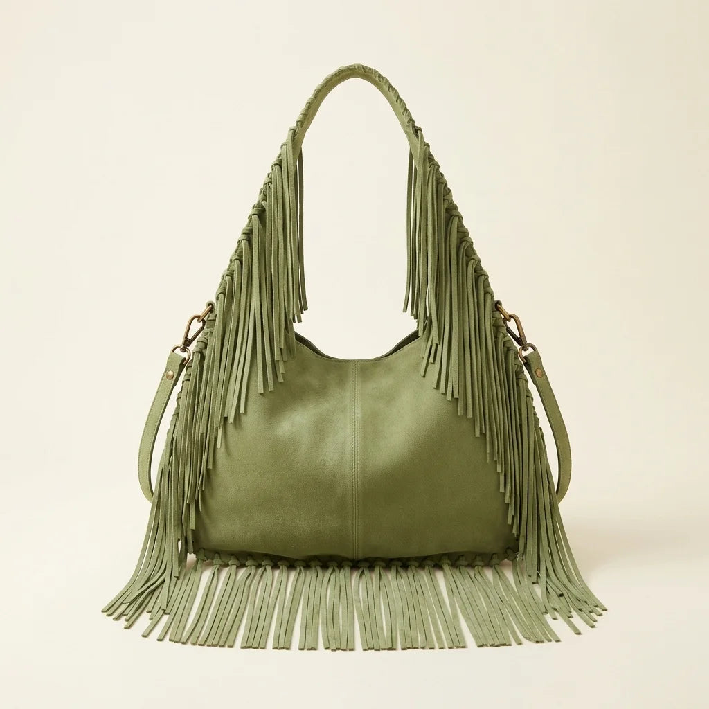 Green large hippie fringe bag, front view
