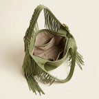 Interior lining and pockets of Green large hippie fringe bag