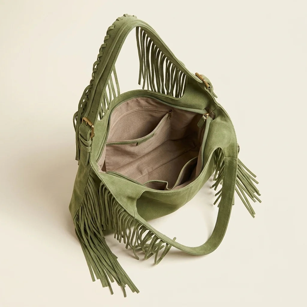 Interior lining and pockets of Green large hippie fringe bag