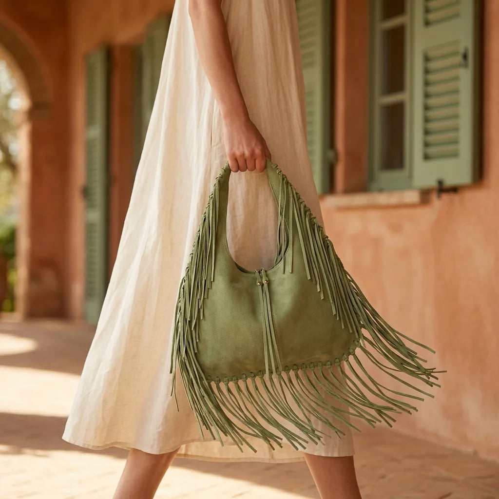 Woman wearing Green large hippie fringe bag with swaying fringe