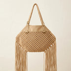 Back panel of Beige large macrame fringed tote bag with strap attachments