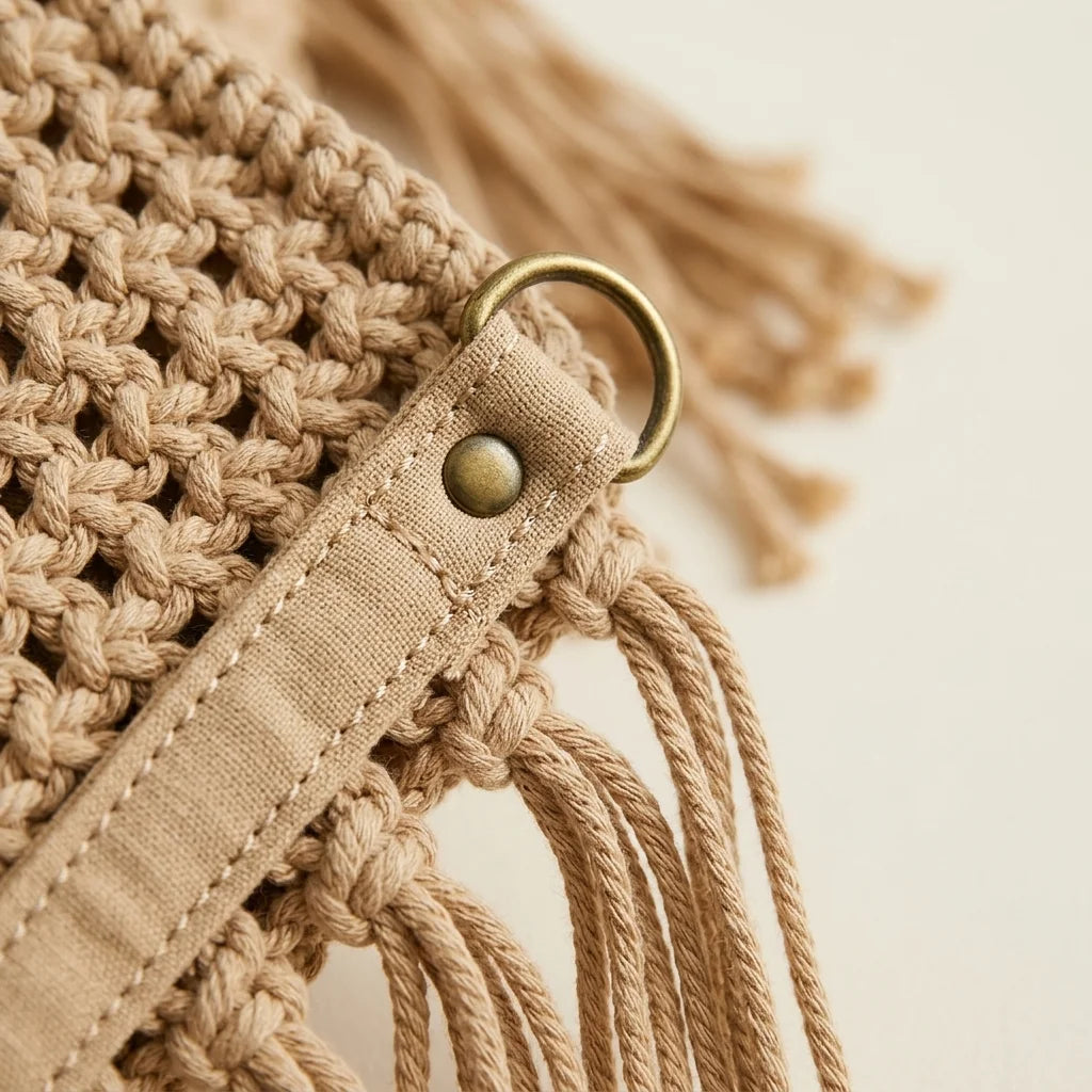 Close-up of fringe stitching and texture on Beige large macrame fringed tote bag