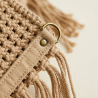 Close-up of fringe stitching and texture on Beige large macrame fringed tote bag