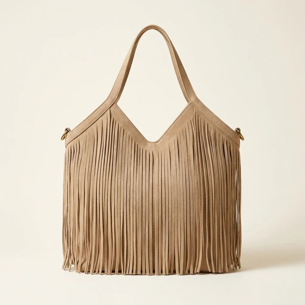 Beige large macrame fringed tote bag, front view