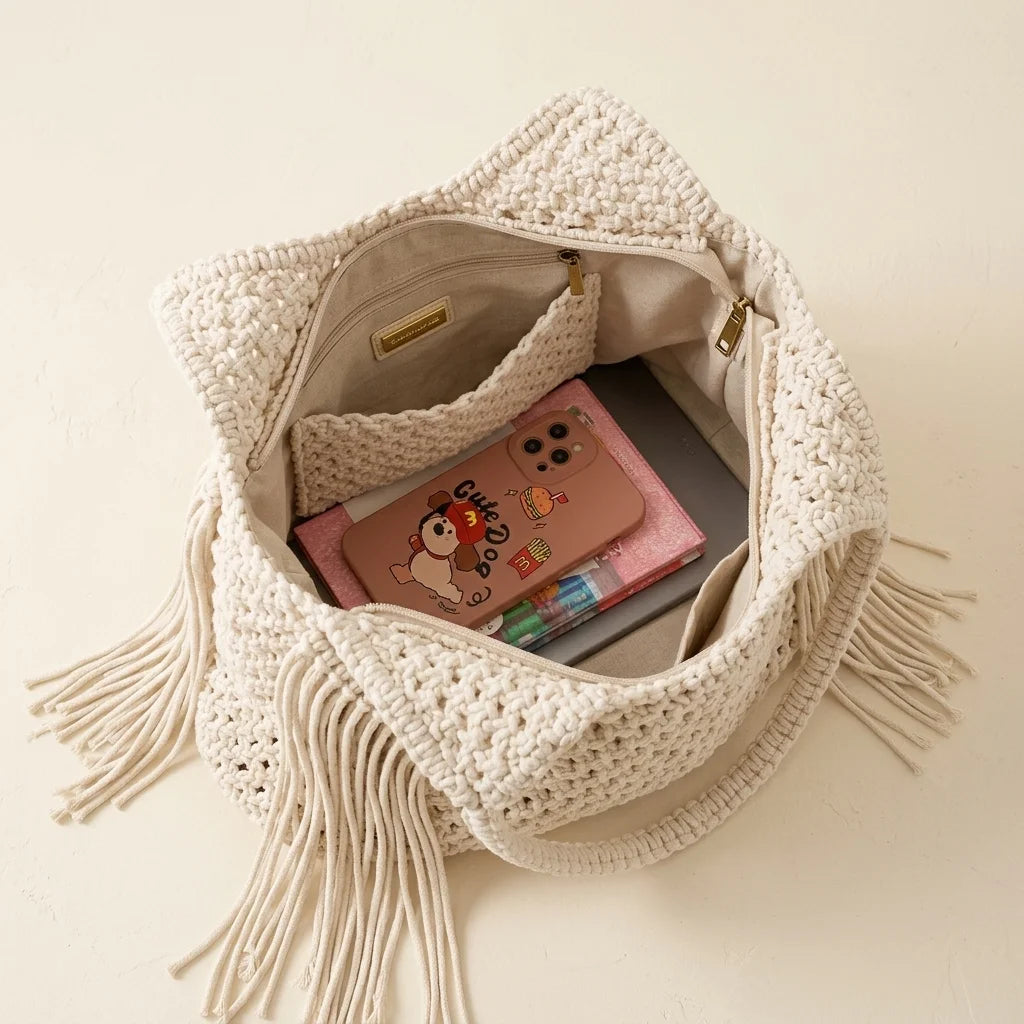 Interior lining and pockets of Beige large macrame fringed tote bag
