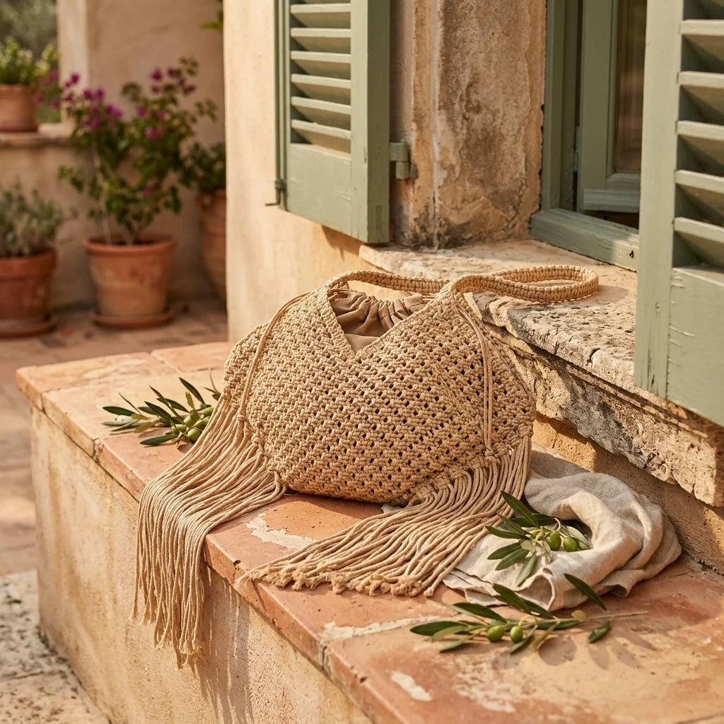 Beige large macrame fringed tote bag styled in a warm Mediterranean setting