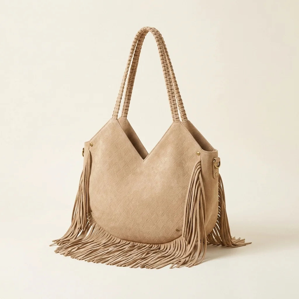 Beige large macrame fringed tote bag, three-quarter angle showing side depth