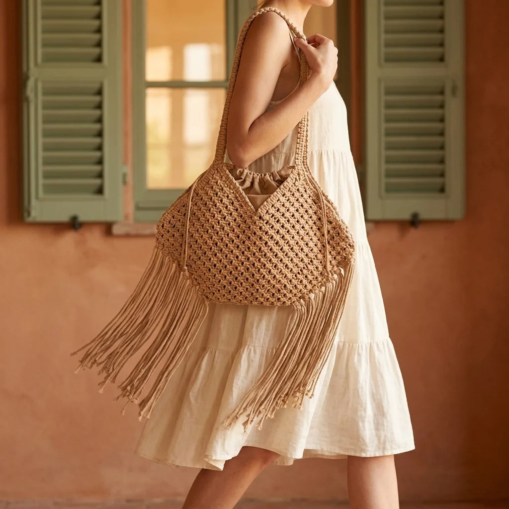 Woman wearing Beige large macrame fringed tote bag with swaying fringe