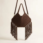 Back panel of Brown large macrame fringed tote bag with strap attachments