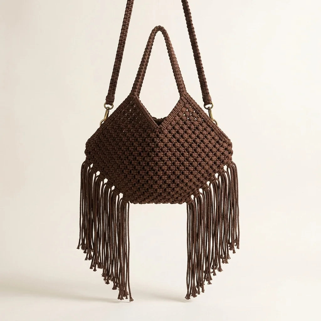 Back panel of Brown large macrame fringed tote bag with strap attachments