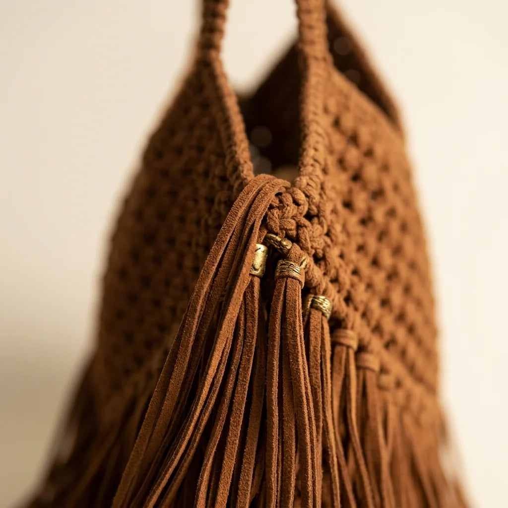 Close-up of fringe stitching and texture on Brown large macrame fringed tote bag