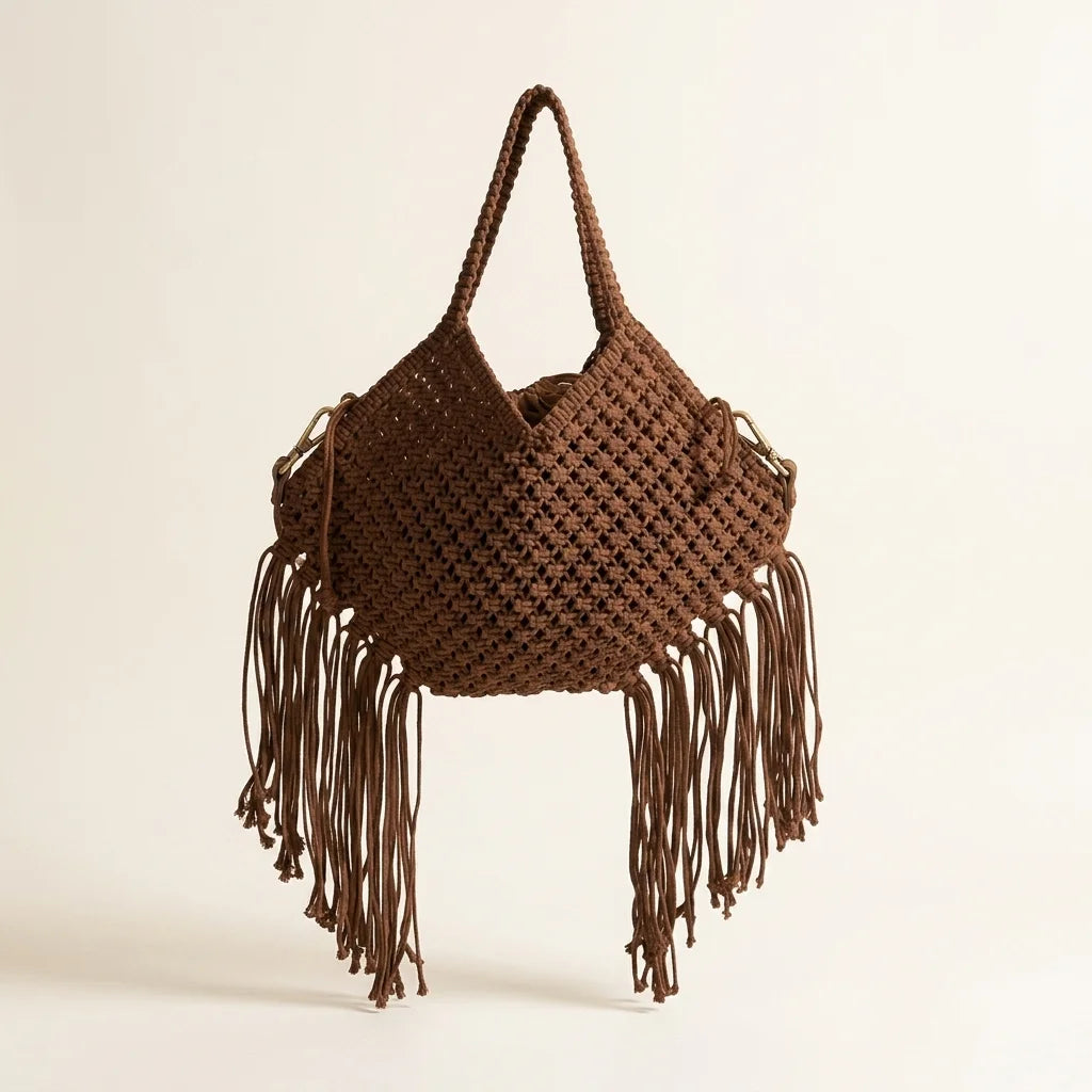 Brown large macrame fringed tote bag, front view