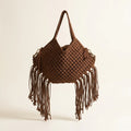 Brown large macrame fringed tote bag, front view