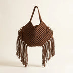 Brown large macrame fringed tote bag, front view