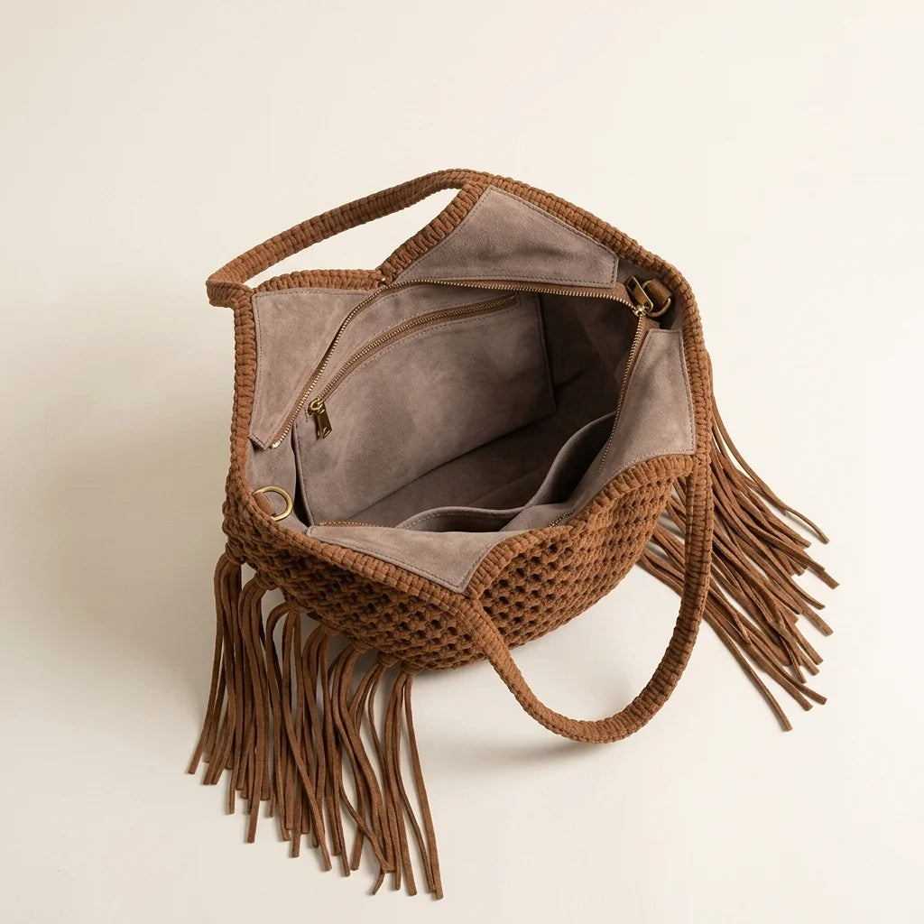 Interior lining and pockets of Brown large macrame fringed tote bag