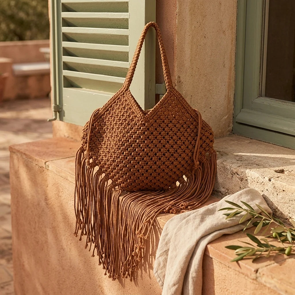 Brown large macrame fringed tote bag styled in a warm Mediterranean setting