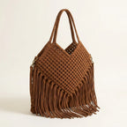 Brown large macrame fringed tote bag, three-quarter angle showing side depth
