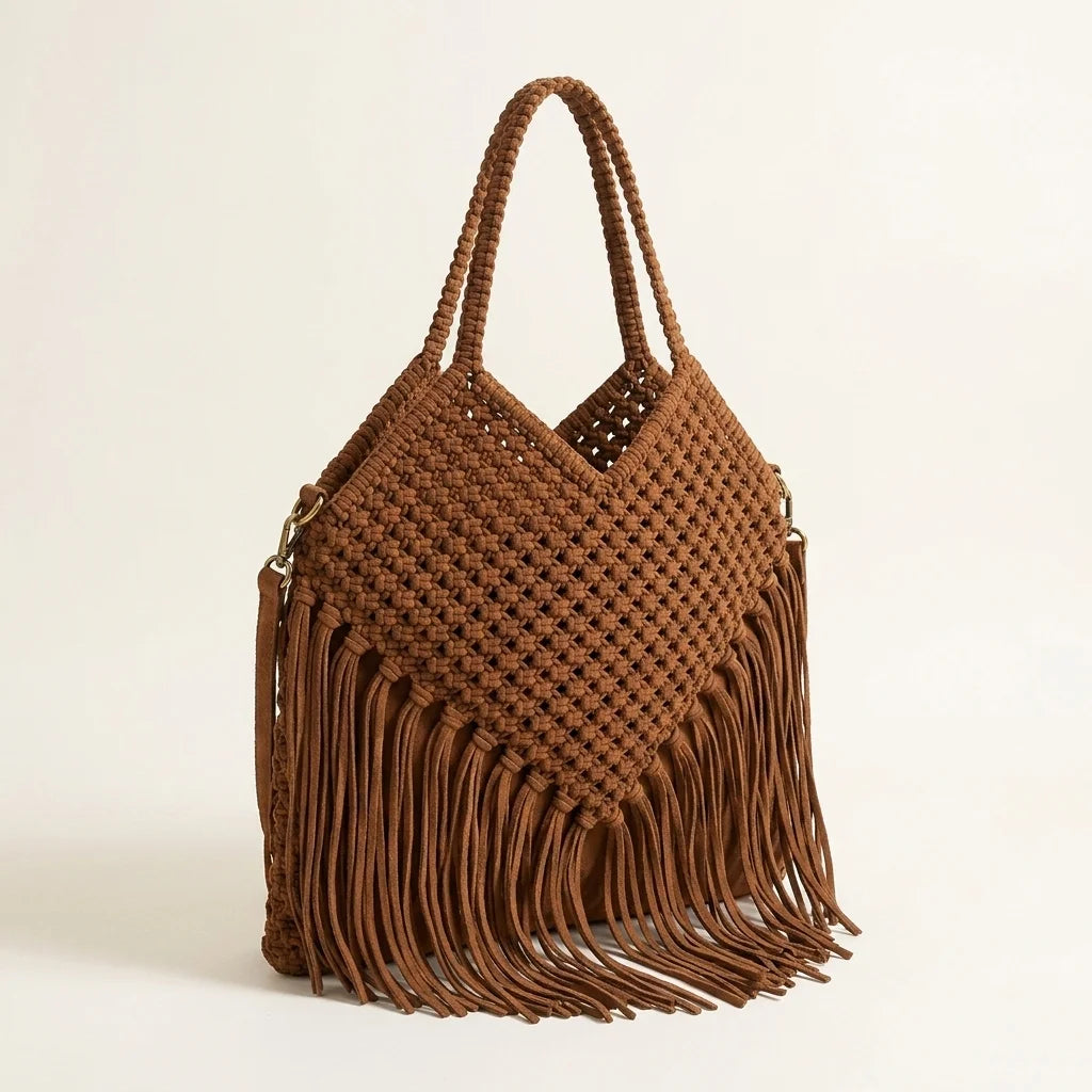Brown large macrame fringed tote bag, three-quarter angle showing side depth