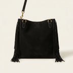 Back panel of Black large suede fringe bag with strap attachments