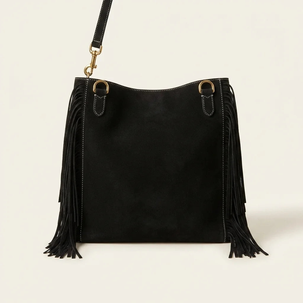 Back panel of Black large suede fringe bag with strap attachments