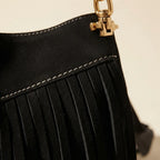 Close-up of fringe stitching and texture on Black large suede fringe bag