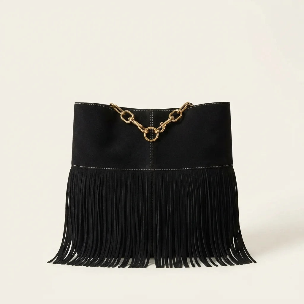Black large suede fringe bag, front view