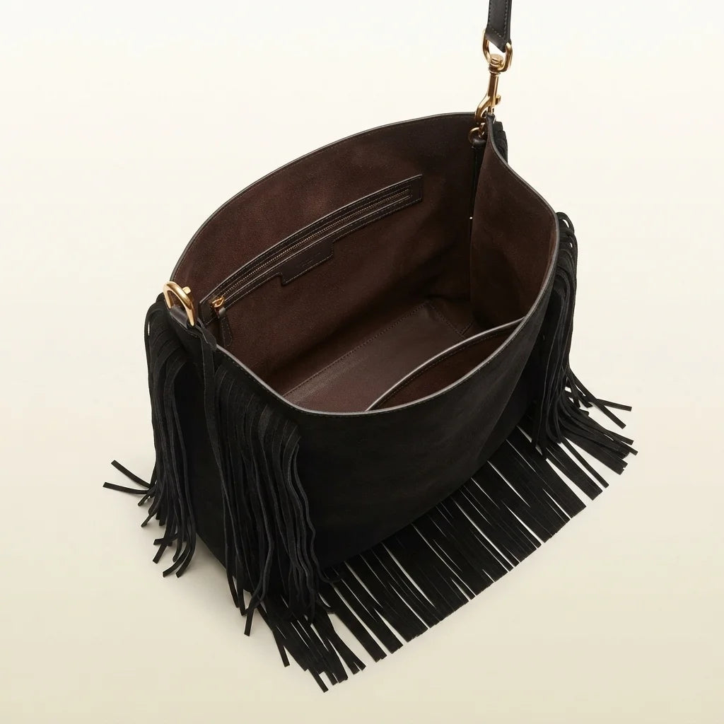 Interior lining and pockets of Black large suede fringe bag