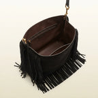 Interior lining and pockets of Black large suede fringe bag