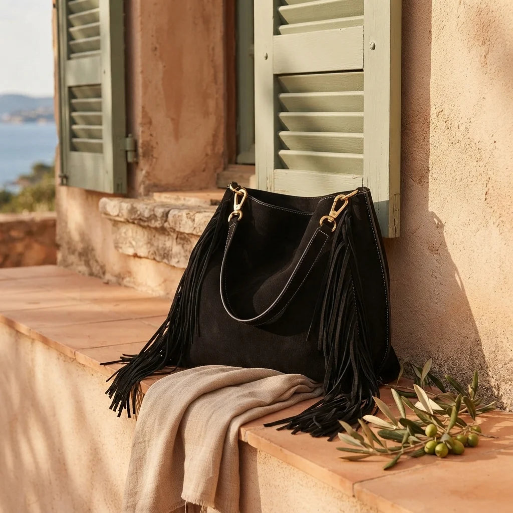 Black large suede fringe bag styled in a warm Mediterranean setting